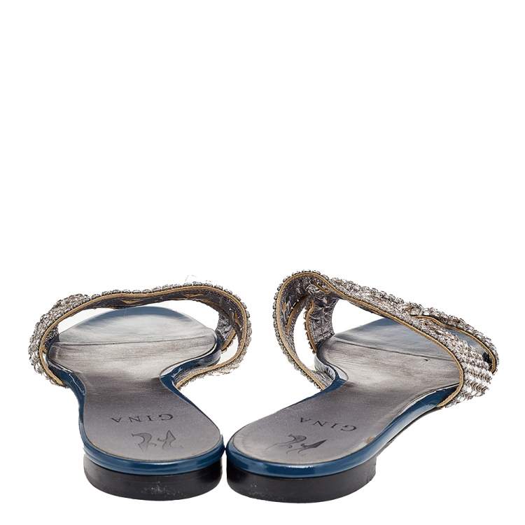 Pre Owned Gina Blue Leather Crystal Embellished Slide Sandals Size 41