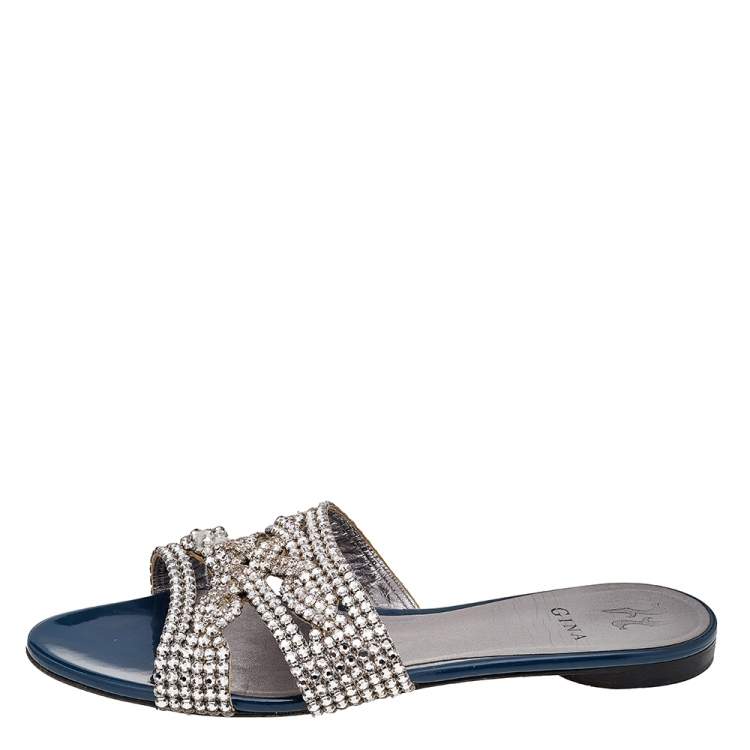 Pre Owned Gina Blue Leather Crystal Embellished Slide Sandals Size 41