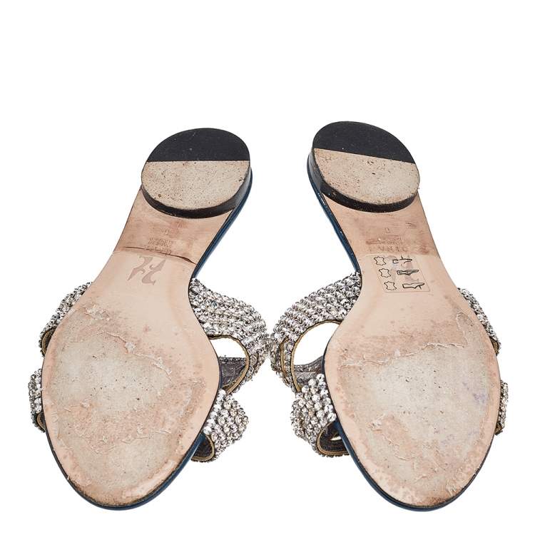 Pre Owned Gina Blue Leather Crystal Embellished Slide Sandals Size 41