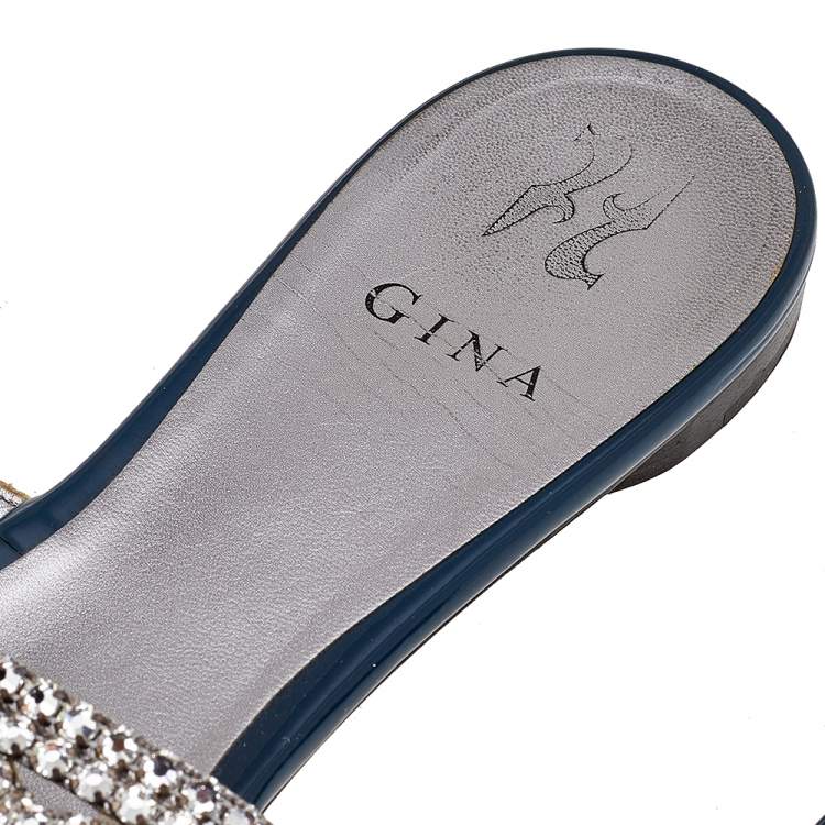 Pre Owned Gina Blue Leather Crystal Embellished Slide Sandals Size 41