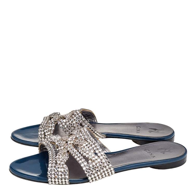 Pre Owned Gina Blue Leather Crystal Embellished Slide Sandals Size 41
