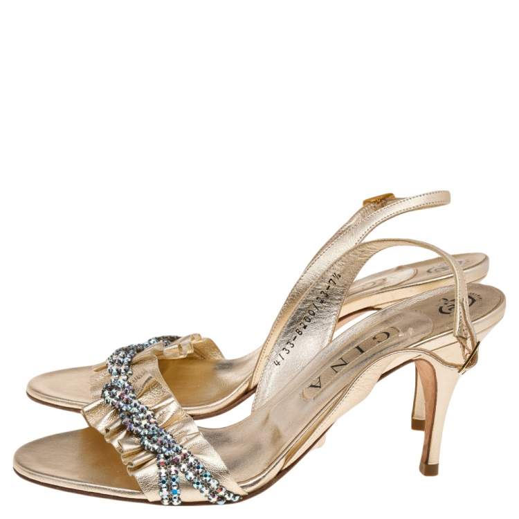 Pre Owned Gina Metallic Gold Leather Crystal Embellished Slingback Sandals Size 40