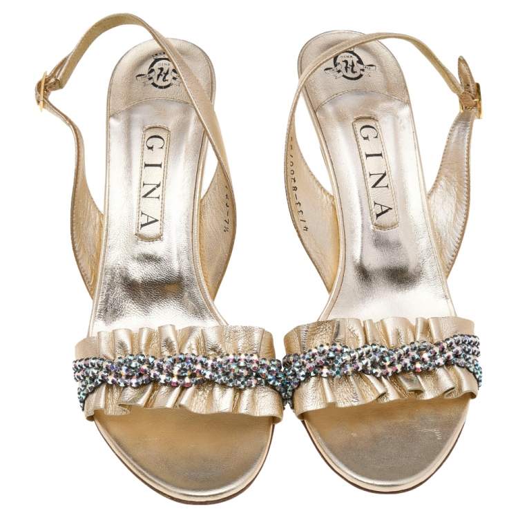 Pre Owned Gina Metallic Gold Leather Crystal Embellished Slingback Sandals Size 40