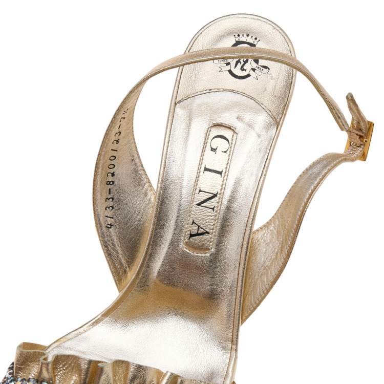 Pre Owned Gina Metallic Gold Leather Crystal Embellished Slingback Sandals Size 40