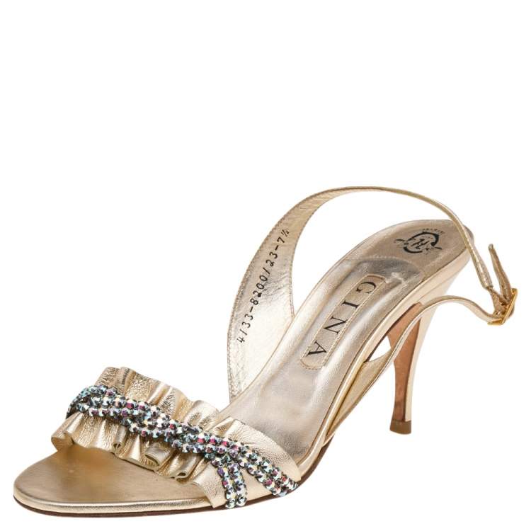Pre Owned Gina Metallic Gold Leather Crystal Embellished Slingback Sandals Size 40
