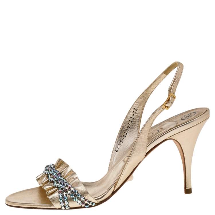 Pre Owned Gina Metallic Gold Leather Crystal Embellished Slingback Sandals Size 40