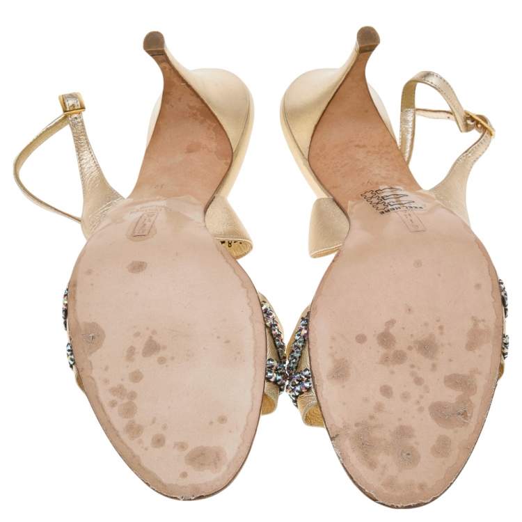 Pre Owned Gina Metallic Gold Leather Crystal Embellished Slingback Sandals Size 40