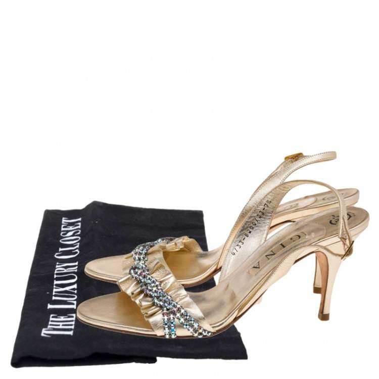 Pre Owned Gina Metallic Gold Leather Crystal Embellished Slingback Sandals Size 40