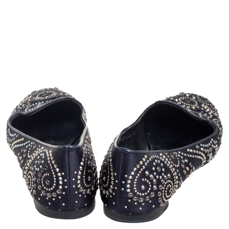Pre Owned Gina Black Satin Studded Ballet Flats Size 36.5