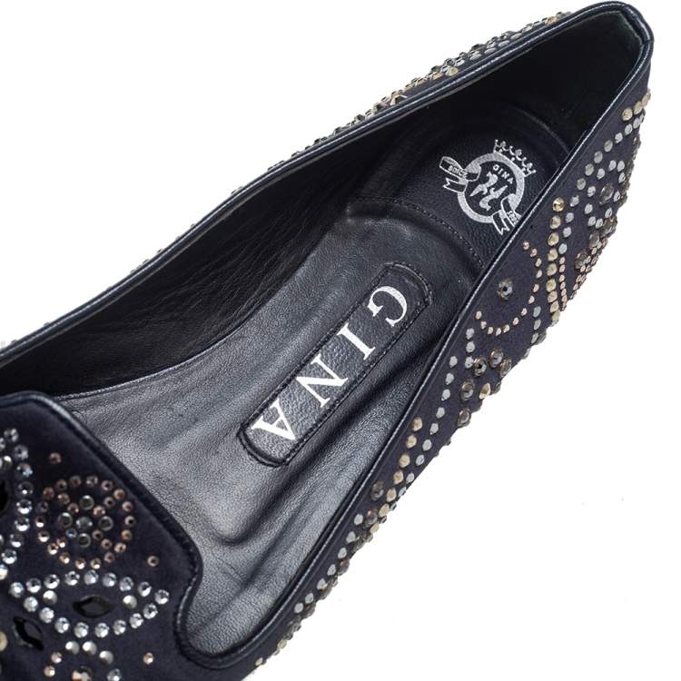 Pre Owned Gina Black Satin Studded Ballet Flats Size 36.5