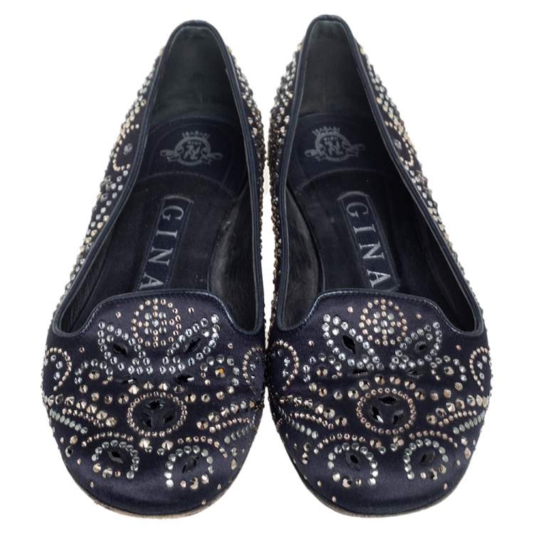 Pre Owned Gina Black Satin Studded Ballet Flats Size 36.5
