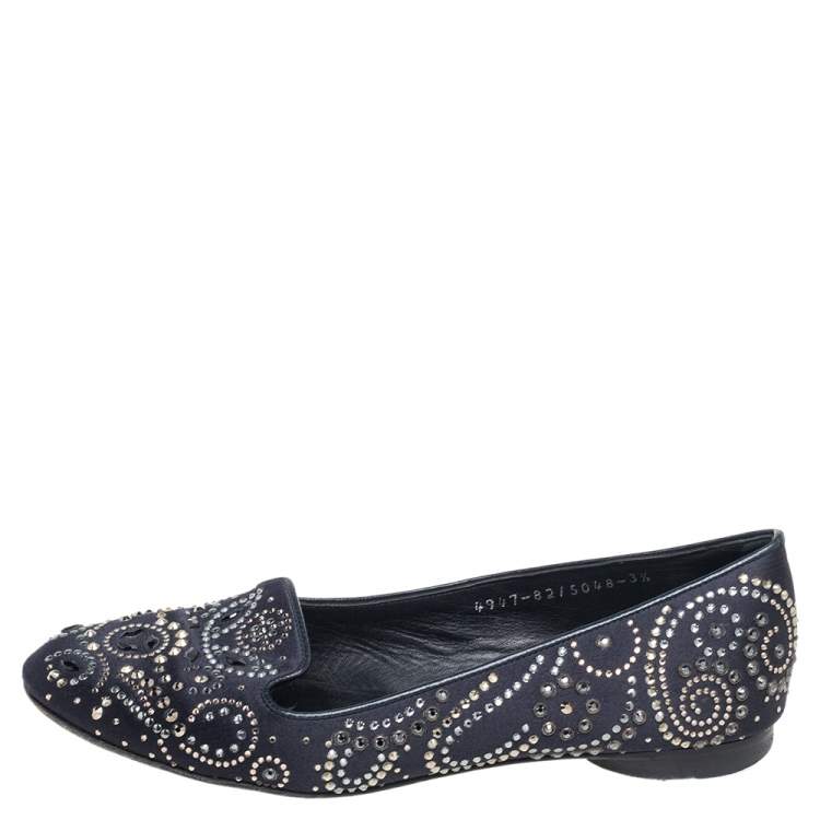 Pre Owned Gina Black Satin Studded Ballet Flats Size 36.5