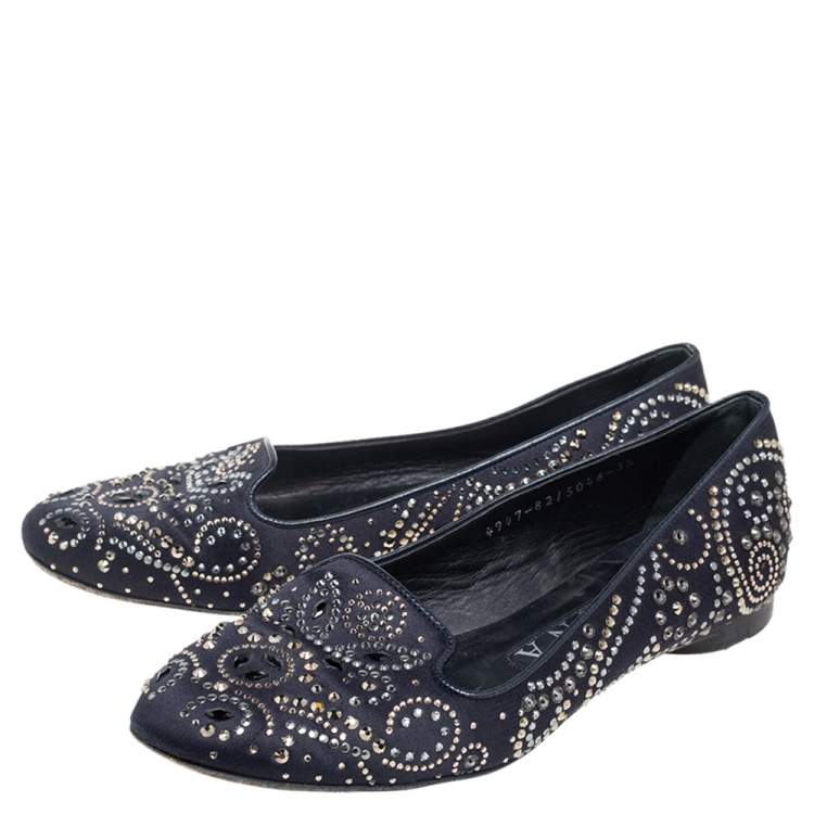 Pre Owned Gina Black Satin Studded Ballet Flats Size 36.5