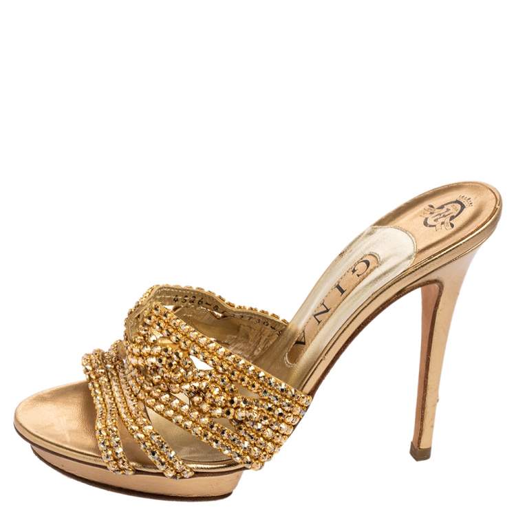 Pre Owned Gina Gold Leather Crystal Embellished Platform Slide Sandals Size 38