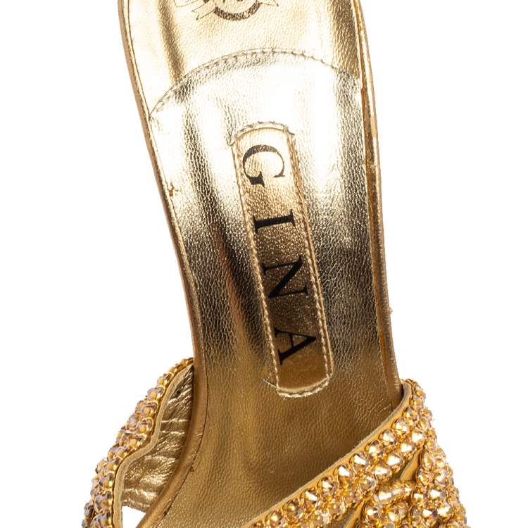 Pre Owned Gina Gold Leather Crystal Embellished Platform Slide Sandals Size 38