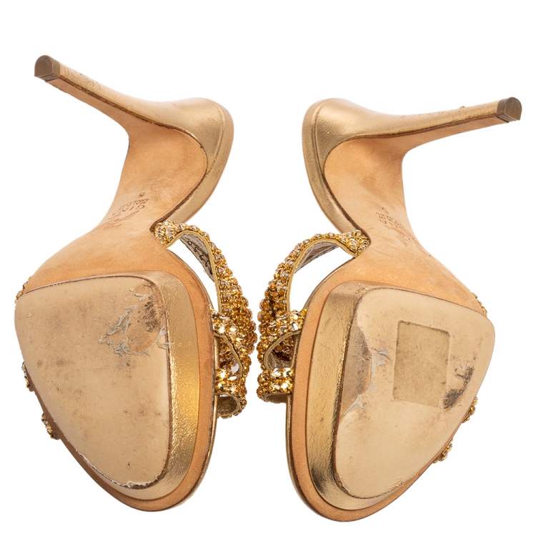 Pre Owned Gina Gold Leather Crystal Embellished Platform Slide Sandals Size 38