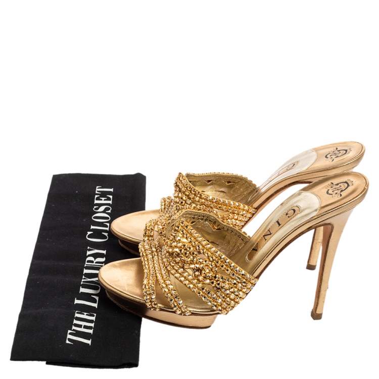 Pre Owned Gina Gold Leather Crystal Embellished Platform Slide Sandals Size 38