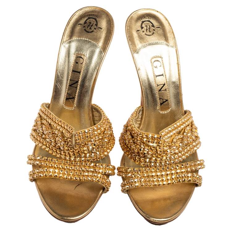 Pre Owned Gina Gold Leather Crystal Embellished Platform Slide Sandals Size 38