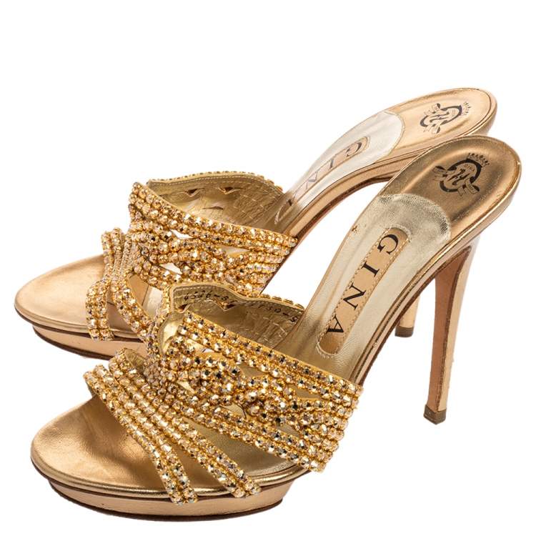Pre Owned Gina Gold Leather Crystal Embellished Platform Slide Sandals Size 38