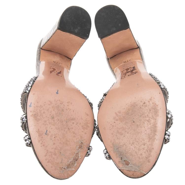 Pre Owned Gina Grey  Crystal Embellished Croc Embossed Patent Leather Rodeo Block Heel Slides Size 37.5