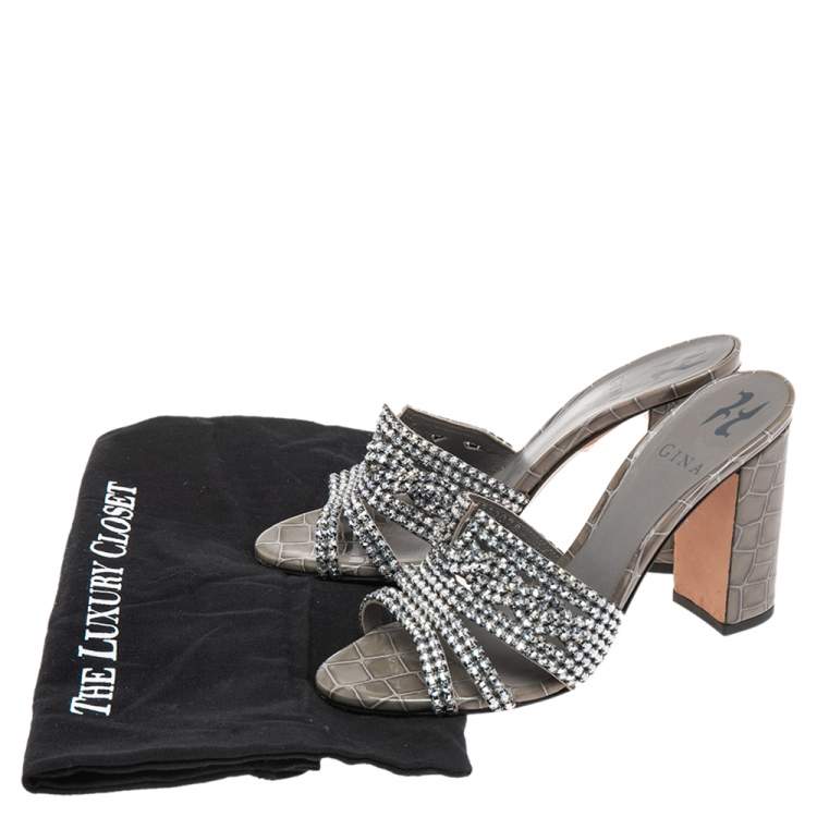 Pre Owned Gina Grey  Crystal Embellished Croc Embossed Patent Leather Rodeo Block Heel Slides Size 37.5