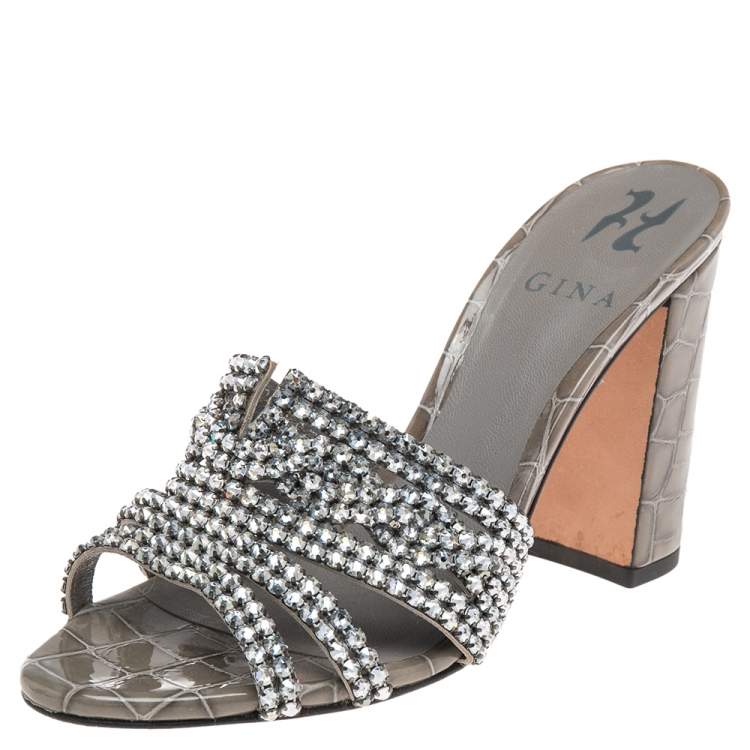 Pre Owned Gina Grey  Crystal Embellished Croc Embossed Patent Leather Rodeo Block Heel Slides Size 37.5