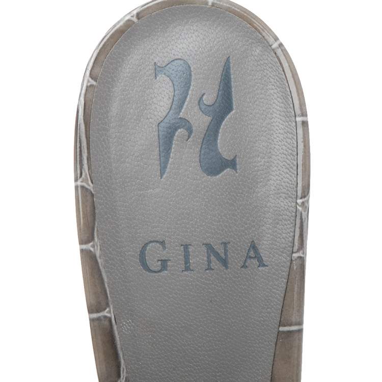 Pre Owned Gina Grey  Crystal Embellished Croc Embossed Patent Leather Rodeo Block Heel Slides Size 37.5