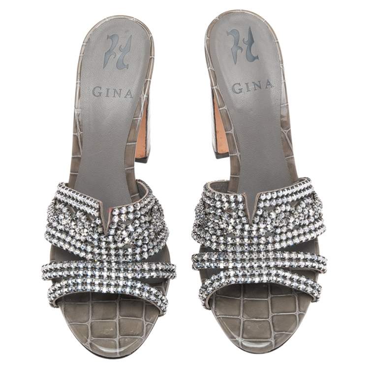 Pre Owned Gina Grey  Crystal Embellished Croc Embossed Patent Leather Rodeo Block Heel Slides Size 37.5