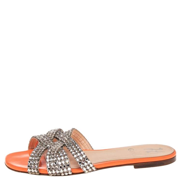 Pre Owned Gina Orange Patent Leather Crystal Embellished Slide Flats Size 37