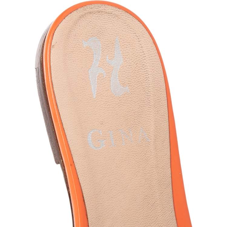 Pre Owned Gina Orange Patent Leather Crystal Embellished Slide Flats Size 37