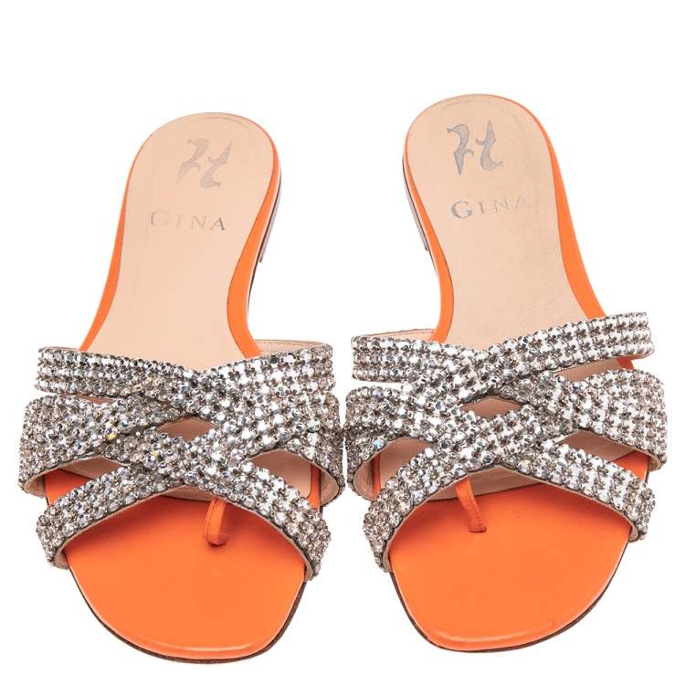 Pre Owned Gina Orange Patent Leather Crystal Embellished Slide Flats Size 37