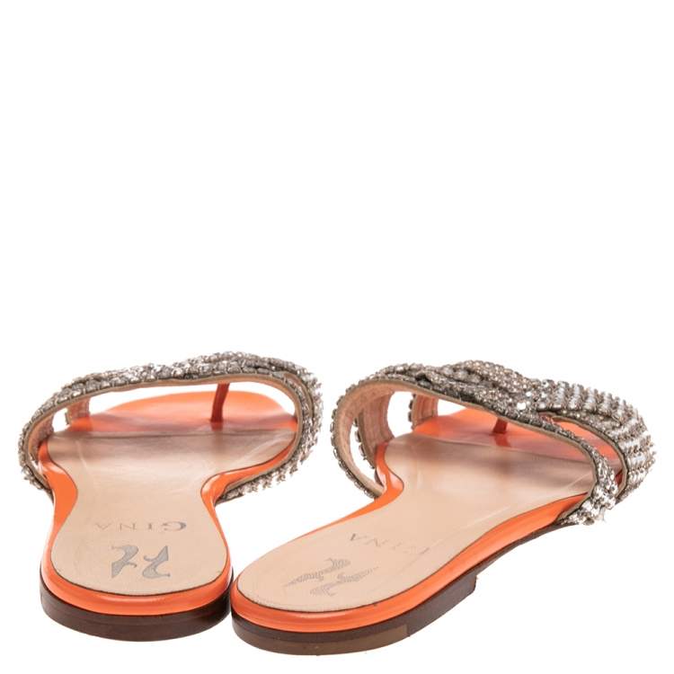 Pre Owned Gina Orange Patent Leather Crystal Embellished Slide Flats Size 37