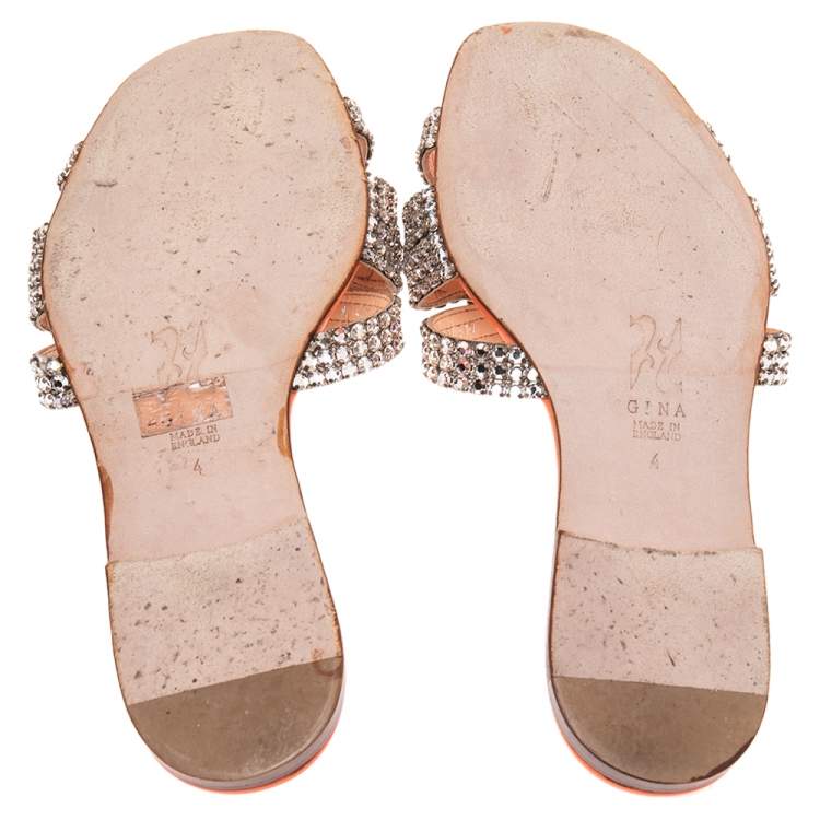 Pre Owned Gina Orange Patent Leather Crystal Embellished Slide Flats Size 37