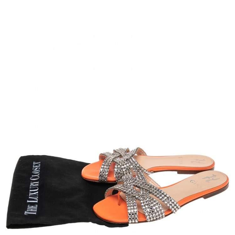 Pre Owned Gina Orange Patent Leather Crystal Embellished Slide Flats Size 37