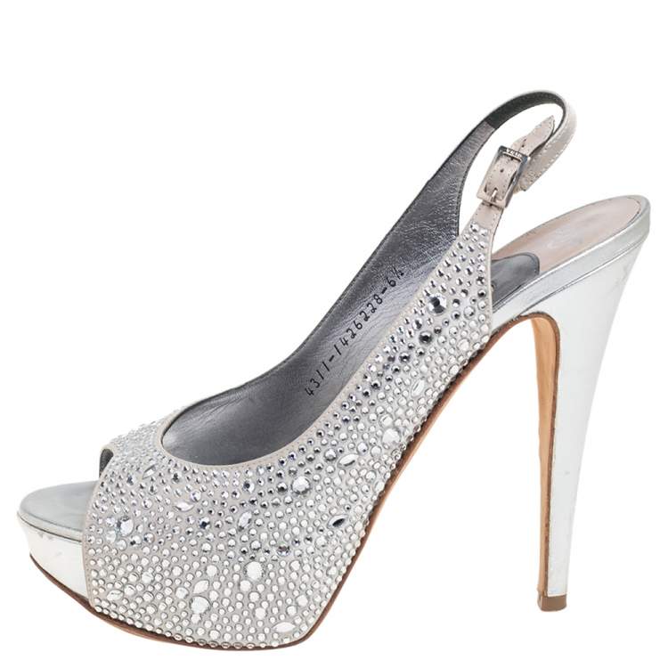 Pre Owned Gina Silver Satin Embellished Slingback Open Toe Platform Sandals Size 39.5