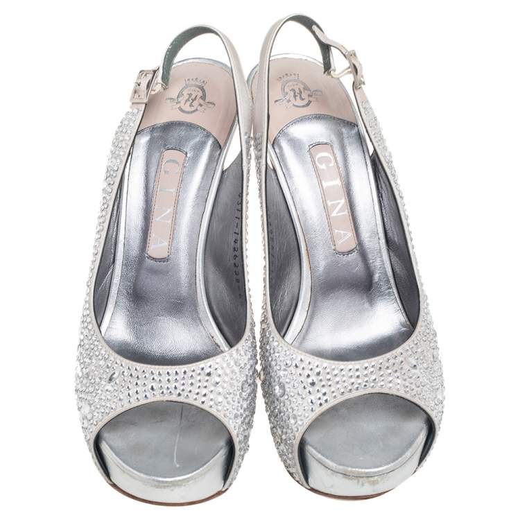 Pre Owned Gina Silver Satin Embellished Slingback Open Toe Platform Sandals Size 39.5