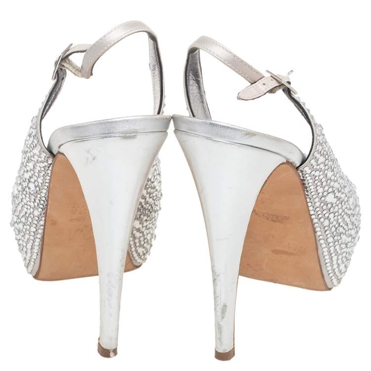 Pre Owned Gina Silver Satin Embellished Slingback Open Toe Platform Sandals Size 39.5