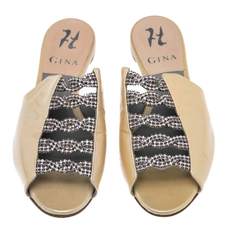 Pre Owned Gina Beige Patent Leather Crystal Embellished Flat Slides Size 36.5
