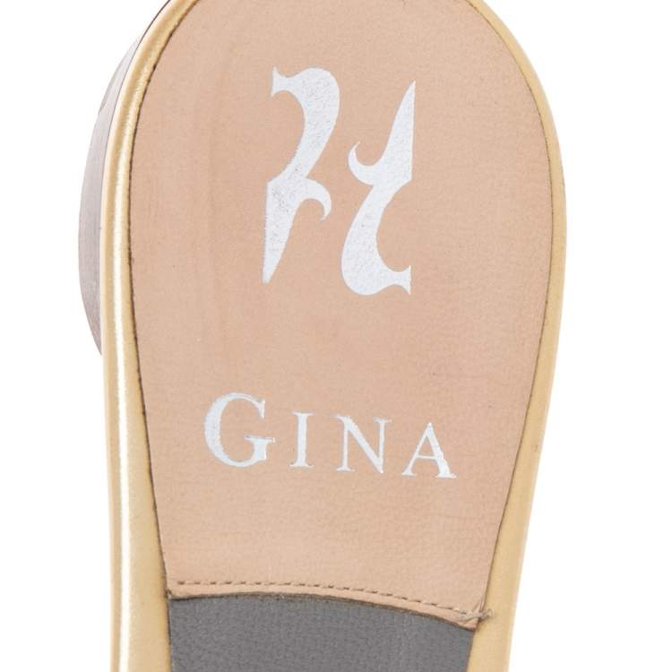 Pre Owned Gina Beige Patent Leather Crystal Embellished Flat Slides Size 36.5