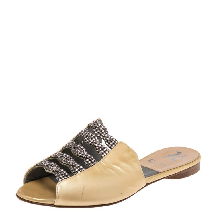 Pre Owned Gina Beige Patent Leather Crystal Embellished Flat Slides Size 36.5