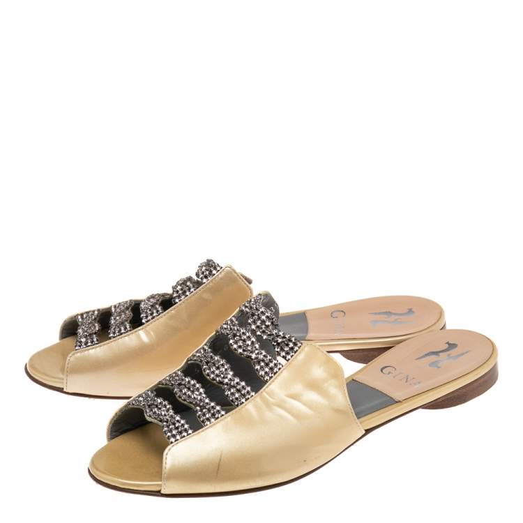 Pre Owned Gina Beige Patent Leather Crystal Embellished Flat Slides Size 36.5