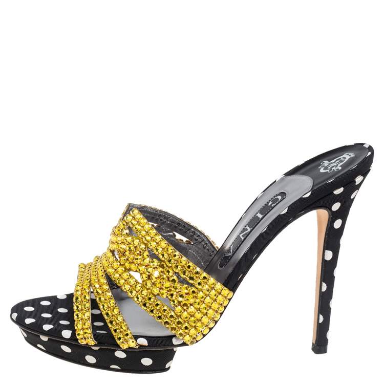 Pre Owned Gina Gold/Black Crystal Embellished Polka Dot Fabric Slide Sandals Size 39