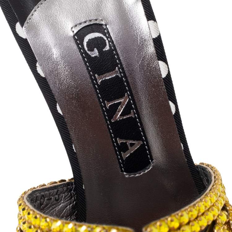 Pre Owned Gina Gold/Black Crystal Embellished Polka Dot Fabric Slide Sandals Size 39
