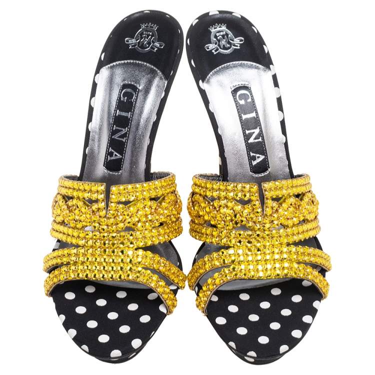 Pre Owned Gina Gold/Black Crystal Embellished Polka Dot Fabric Slide Sandals Size 39