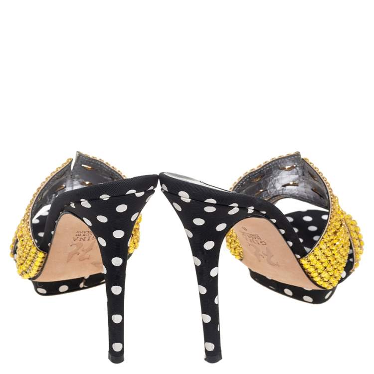 Pre Owned Gina Gold/Black Crystal Embellished Polka Dot Fabric Slide Sandals Size 39