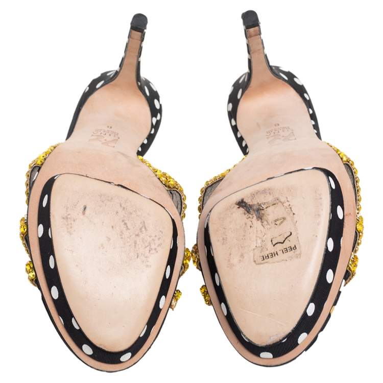 Pre Owned Gina Gold/Black Crystal Embellished Polka Dot Fabric Slide Sandals Size 39