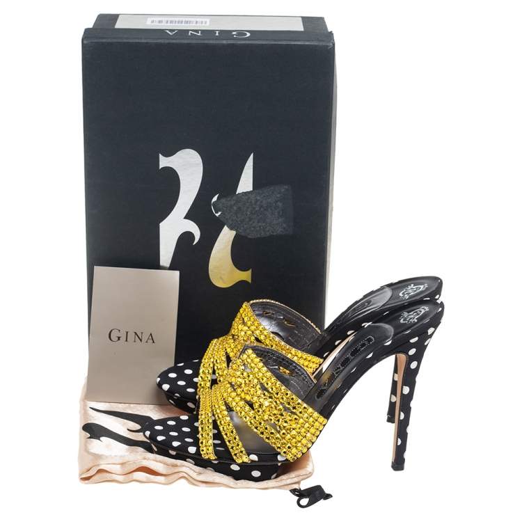 Pre Owned Gina Gold/Black Crystal Embellished Polka Dot Fabric Slide Sandals Size 39