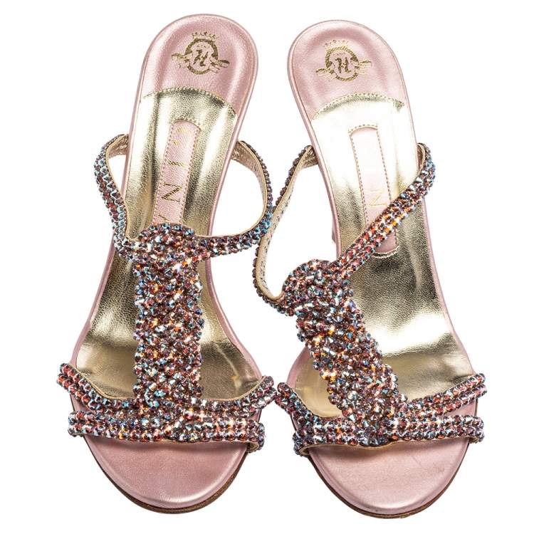 Pre Owned Gina Pink Leather Crystal Embellished Sandals Size 39 