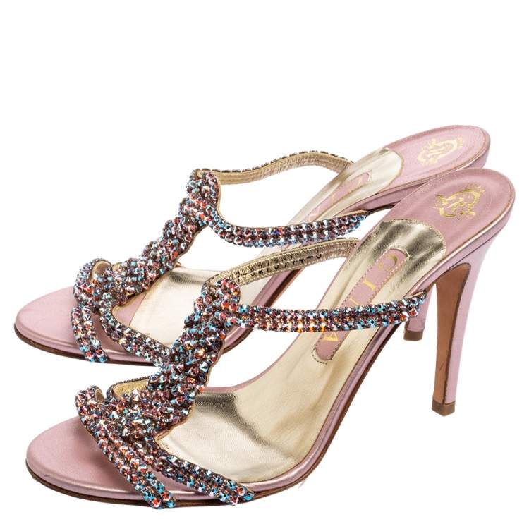 Pre Owned Gina Pink Leather Crystal Embellished Sandals Size 39 