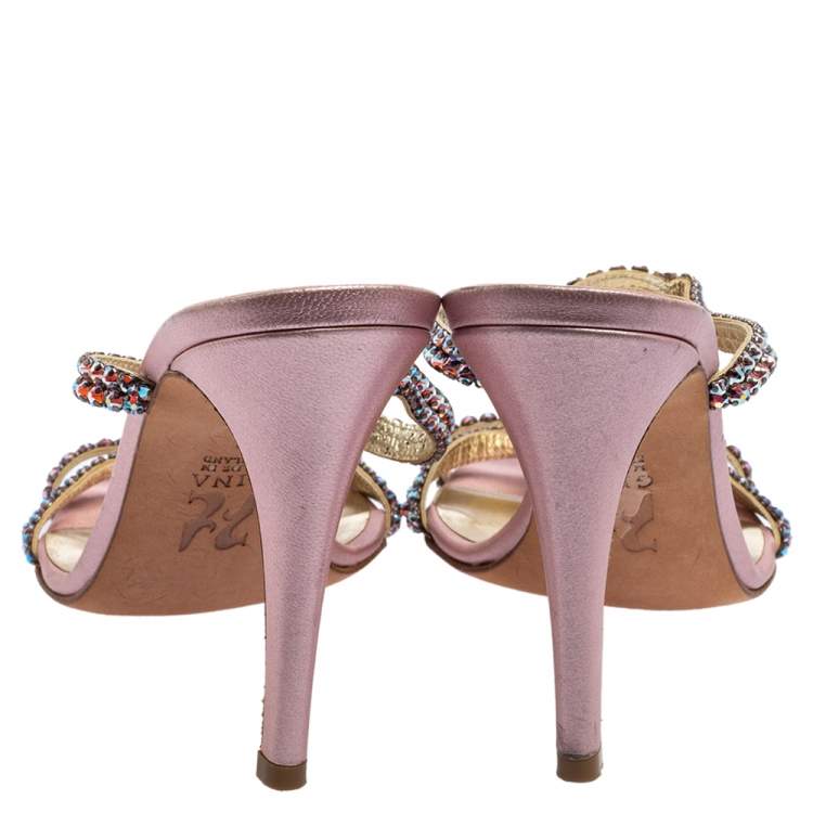 Pre Owned Gina Pink Leather Crystal Embellished Sandals Size 39 